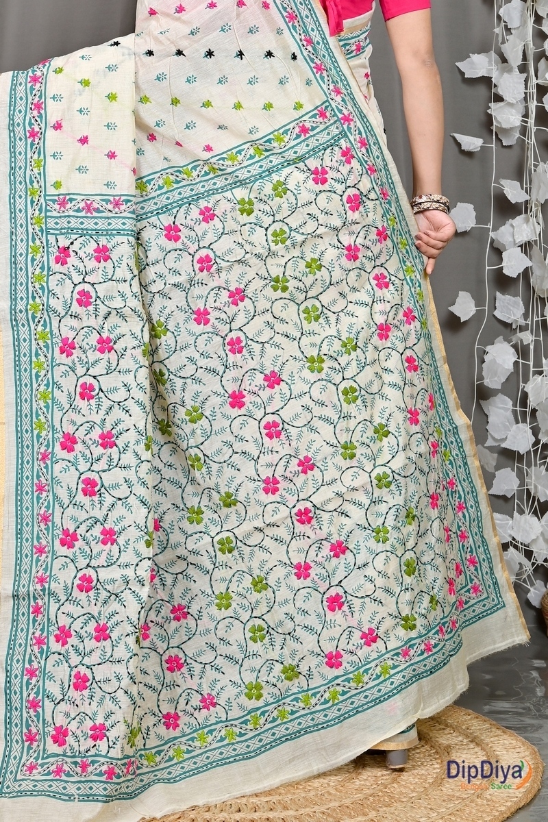 White Cotton Varitikath Kantha Stitch Saree (596)